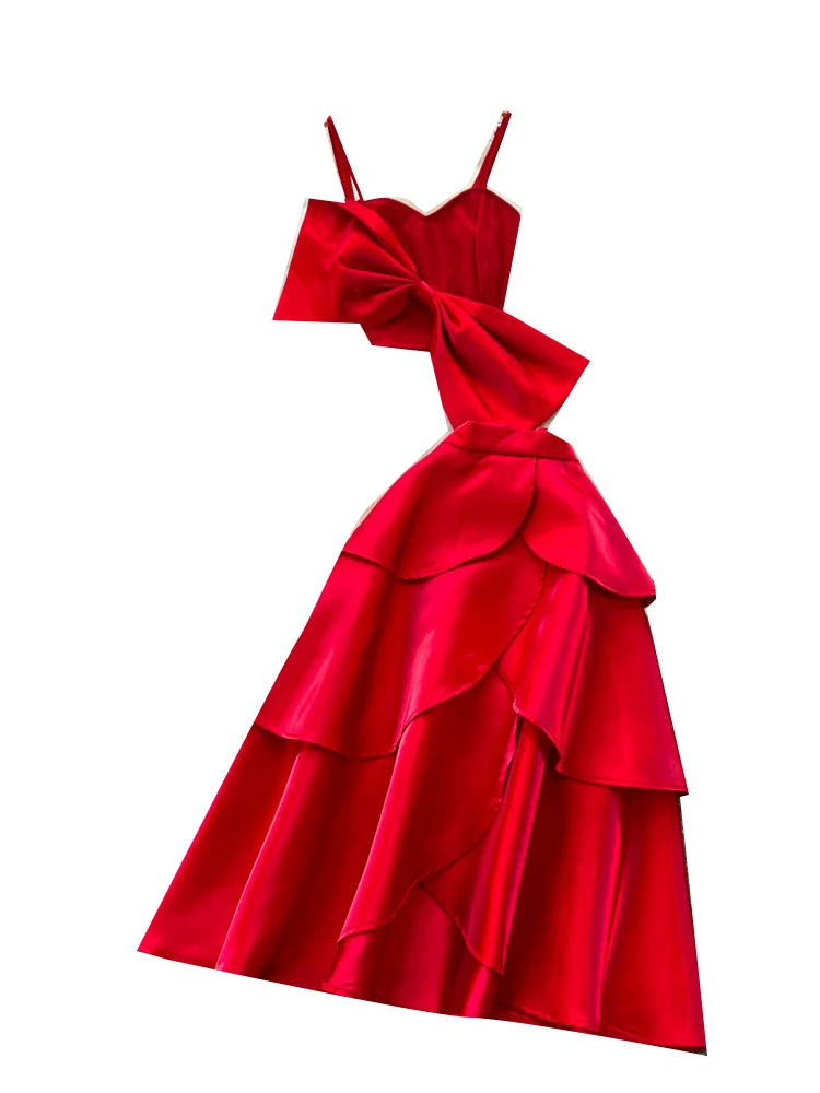 

Red Evening Gown Set Women's High Waist f Skirt with Knot Strap Top Communion Faion Par Wear Spring Autumn