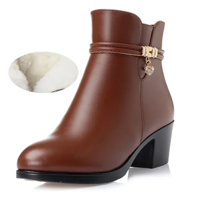 2024 New Fashion Soft Leather Ankle Boot High Heels Zipper Shoe Warm Fur Winter Boots Female Women Shoes Plus Size 43