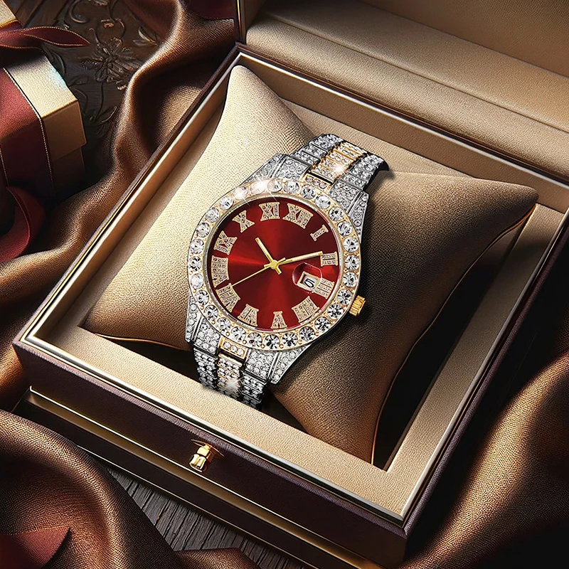 

A men's red retro calendar quartz watch with a gold and silver stainless steel strap and a starry sky dial
