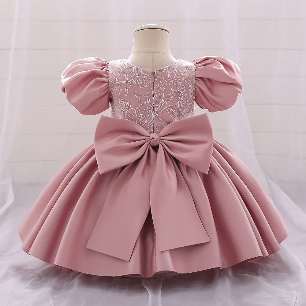 Vestido de princesa elegante para niña pequeña, fiesta de cumpleaños, boda, vestido de bola Floral con lazo, apliques para niños, Vestido de manga de burbuja