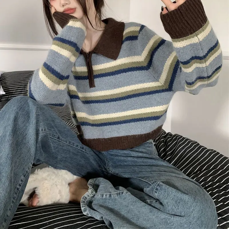 Vintage Polo-Neck Zipper Sweaters Women's Clothing Contrasting Colors Striped Autumn Winter Long Sleeve Loose Knitted Jumpers