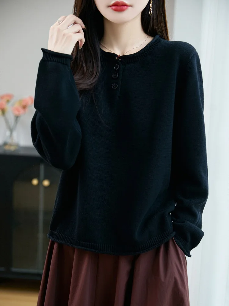 Basic-Hemd mit Bündchen und Rand, eleganter Pendler-Stil, Herbst-Winter, neuer lockerer Langarm-Strickpullover mit Rundhalsausschnitt, reines Baumwollgarn