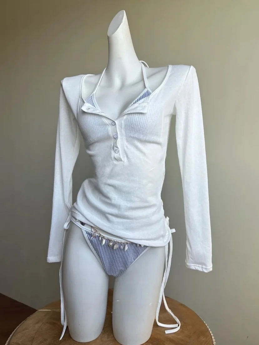 

Korean Sle Navy Stripe Bikini Tee Piece Set Long Sve Cover up Pure Desire Aosphere Beach Vaion Swimming Suit