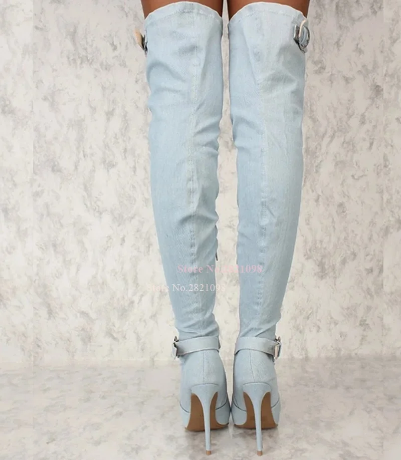 Light Blue Stiletto Heel Over The Knee Denim Boots Women Pleated Buckle Strap Pointed Toe Thin Heeled Thigh High Long Boot