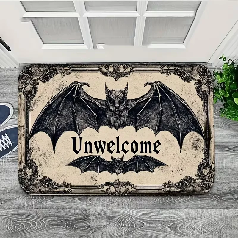 Halloween Doormat Material, Washable Welcome Text and Bat Indoor Kitchen Living Room Bedroom Room Access Mat, Outdoor Doormat