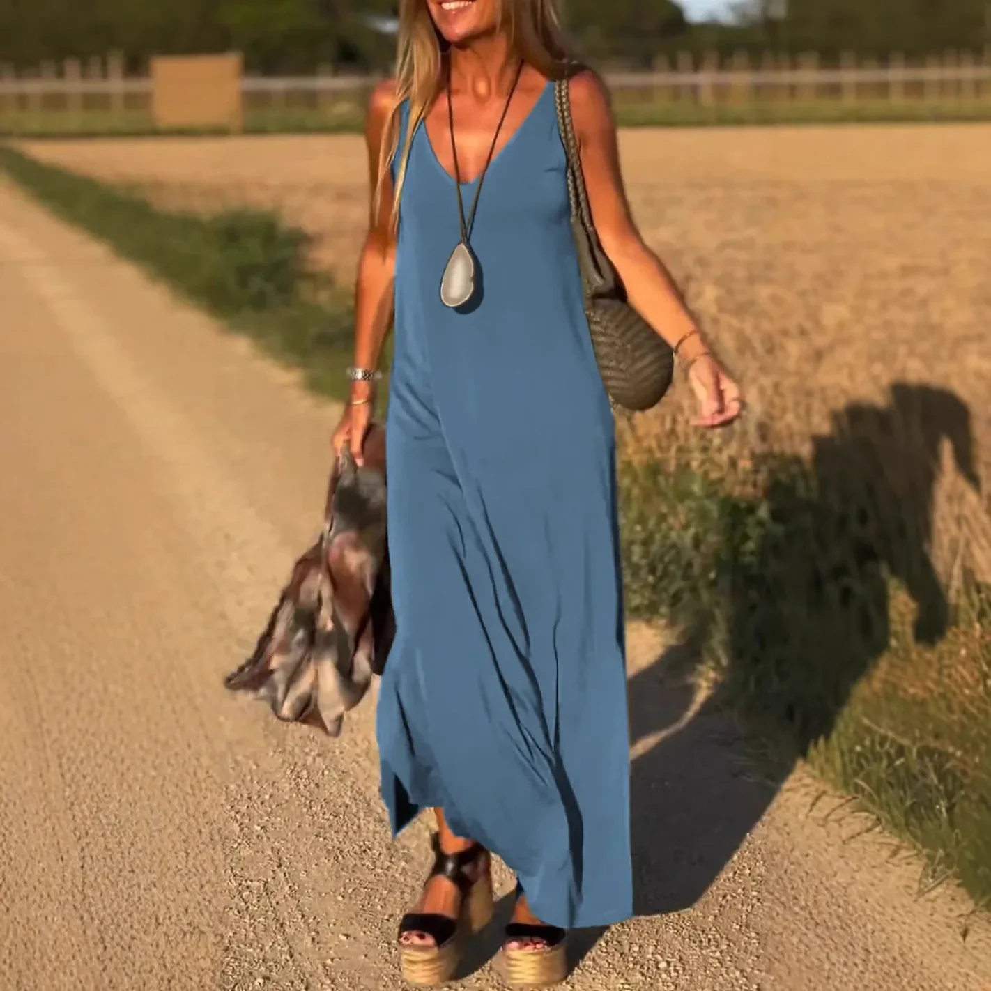 Damska letnia swobodna sukienka bez rękawów z dekoltem w szpic, z rozcięciem, luźna sukienka plażowa, długa sukienka Cami Maxi