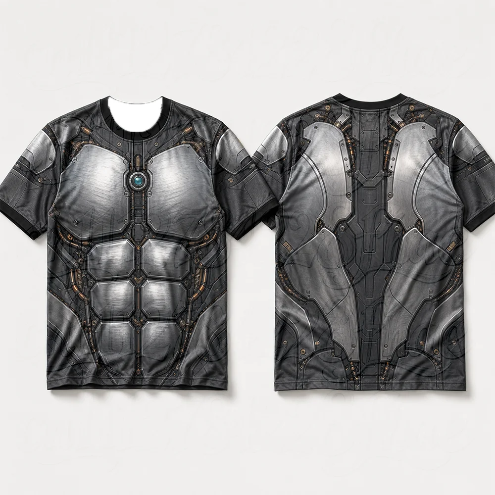 3D Mech Armor Cyberpunk Robot Print Tee Parent-Child Halloween Cosplay Party Short Sleeve Crewneck T-Shirt Futuristic Streetwear