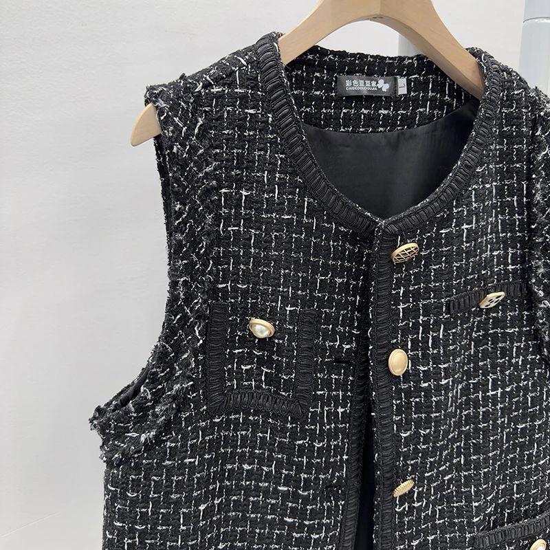 Women's Autumn Winter New Item Black Plaid Coarse Tweed Fragrant