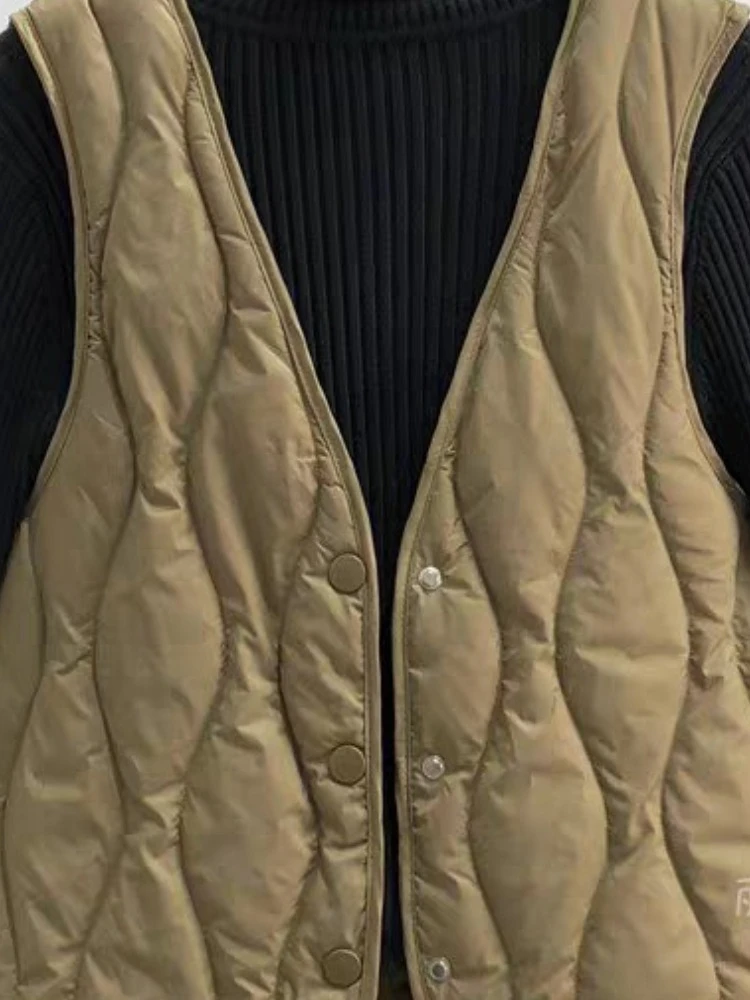 여성용 가벼운 다운 베스트 재킷 가을 겨울 짧은 마름모꼴 V넥 민소매 따뜻한 코트 90 화이트 덕 푸퍼 베이스 탱크탑 아우터