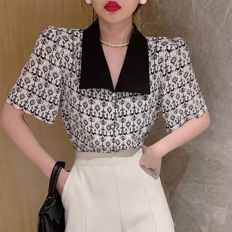 Women's Summer Fashion Simplicity Turn-down Collar Floral Chiffon Shirts Women Clothes Casual All-match Elegant Temperament Tops