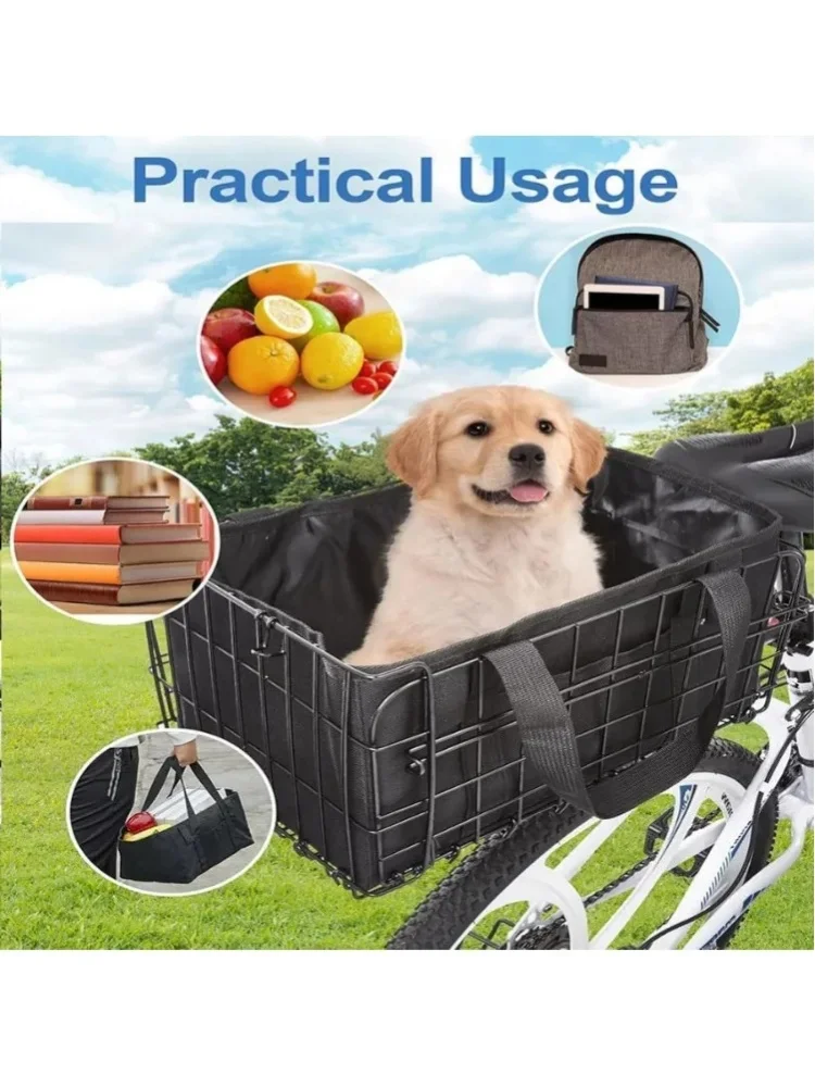 AliExpress NONE Rear Bike Basket Folding Metal Bicycle Basket with Removable Liner Bag and Reflective Sheet Sturdy Large Capacity Quick Release for Shopping Picnic Daily Commuting
