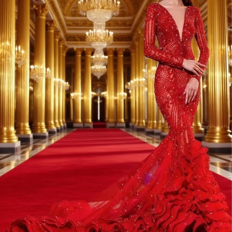 

Red Mermaid Prom Dresses Lace Appliqued Crystal Plunging Neck Long Sleeve Evening Dress Tiered Skirts Illusion Sexy Robe