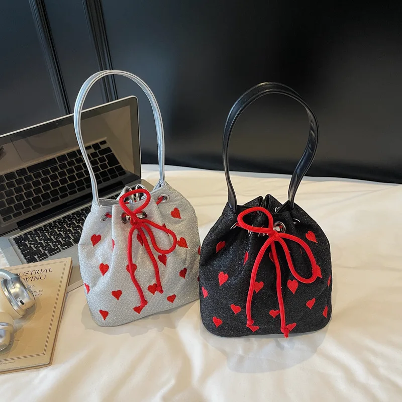 أزياء التطريز موضوع الحب دلو حقيبة، الرباط باليد، حقائب اليد حقيبة كروسبودي الألوان المتناقضة #5