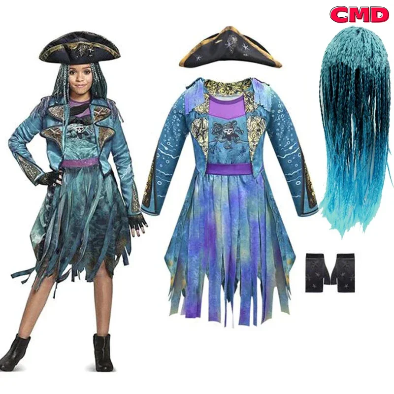 COS Descendants 3 Mal Bertha Maleficent Curls Live Evil Straight Blue Girls Cosplay Cap Dress Halloween Costume For Kids Wi