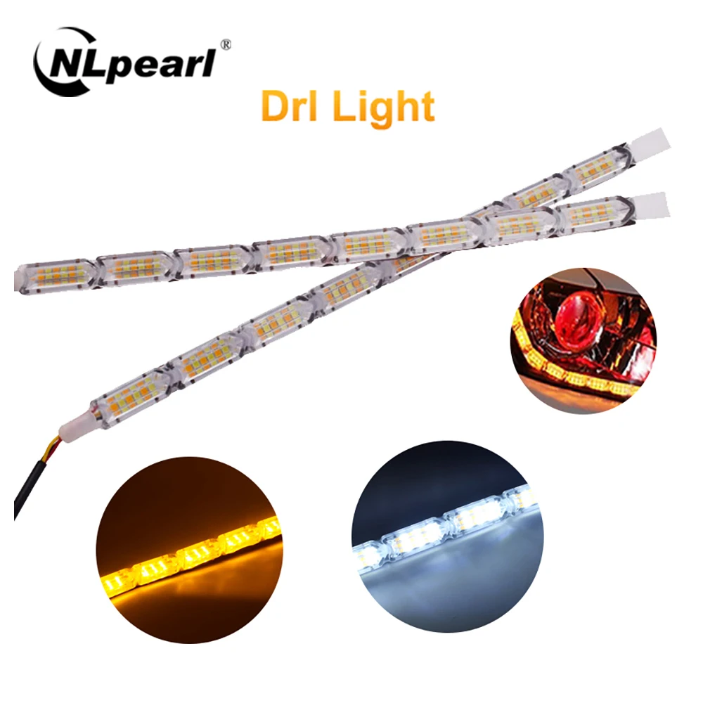 Nlpearl 2pcs Car Light Assembly DRL LED Daytime Running Lights Turn Signal Yellow Guide DRL Led Strip Light Turn Signal Lights