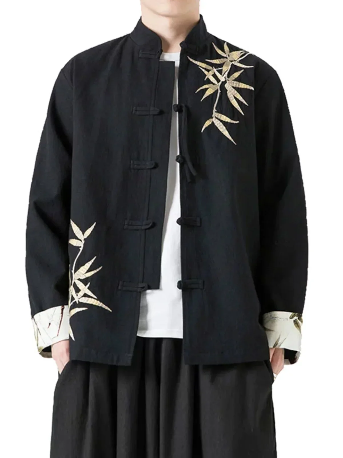 

Spring New Chinese Men's Cotton and Hemp Tang Coat Chinese Style Hanfu Linen Button Shirt Bamboo Embroidery Kung Fu Clothing