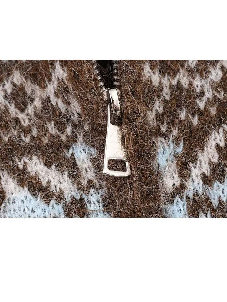 Damski zimowy sweter z dzianiny żakardowej z podwójnym zamkiem błyskawicznym, okrągłym dekoltem, modny, uniwersalny, z długim rękawem.