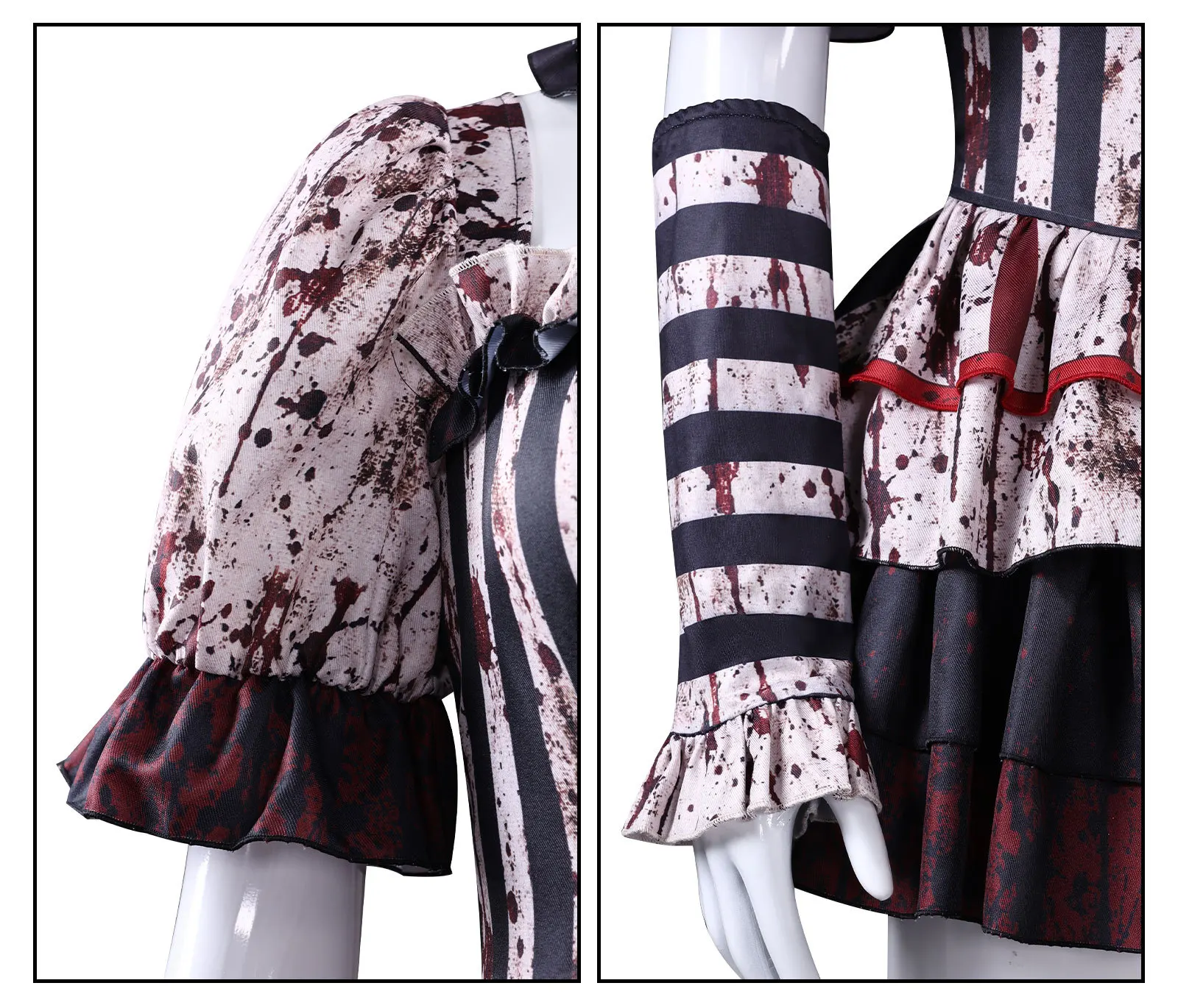 Blutiger Horror-Clown Cosplay-Kostüm für Frauen, Gothic Horror Zirkus Cosplay-Kleid, Gruseliger Gestreifter Blut-Party-Jumpsuit für Halloween – Detail 23