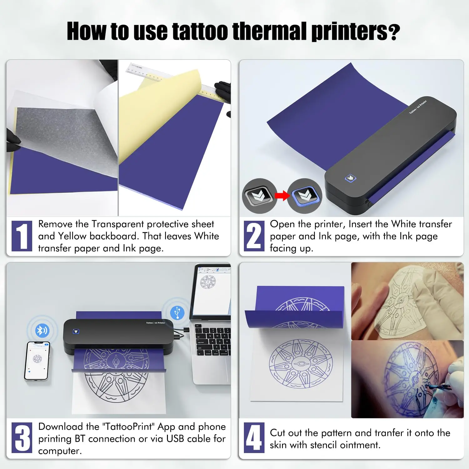 D80 Wireless Bluetooth Tattoo Printer Tattoo Artist & Beginners Stencil Transfer Thermal Printer Compatible with Smartphone & PC