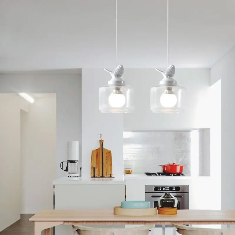 Moden White Resin Birds Rotundity Transparent Glass Pendant Lights Dining Room Kitchen Bedroom Homestay LED Ceiling Hanging Lamp