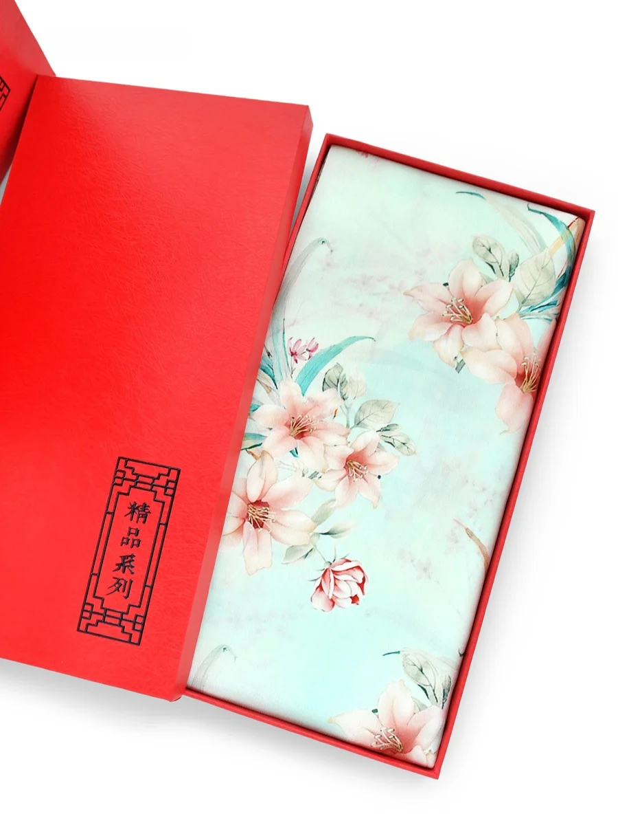 水緑の蓮の花柄シルクスカーフギフトボックス杭州シルクスカーフお土産外国人向けソフトシルクスクエアスカーフ花柄プリント