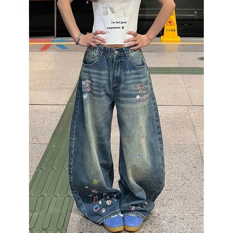 Damskie jeansy z graffiti w stylu kreskówkowym Harajuku, japońskie, styl Y2k z lat 2000, luźne spodnie jeansowe, vintage, oversize, letnie spodnie jeansowe, odzież
