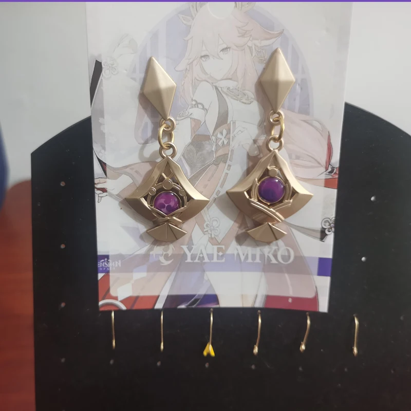 Hot Game Impact Yae Miko Cosplay Asymmetrical Thunder Eye of God Ear Dangle Earrings Fan-shaped Metal Eardrop Earring Jewelry