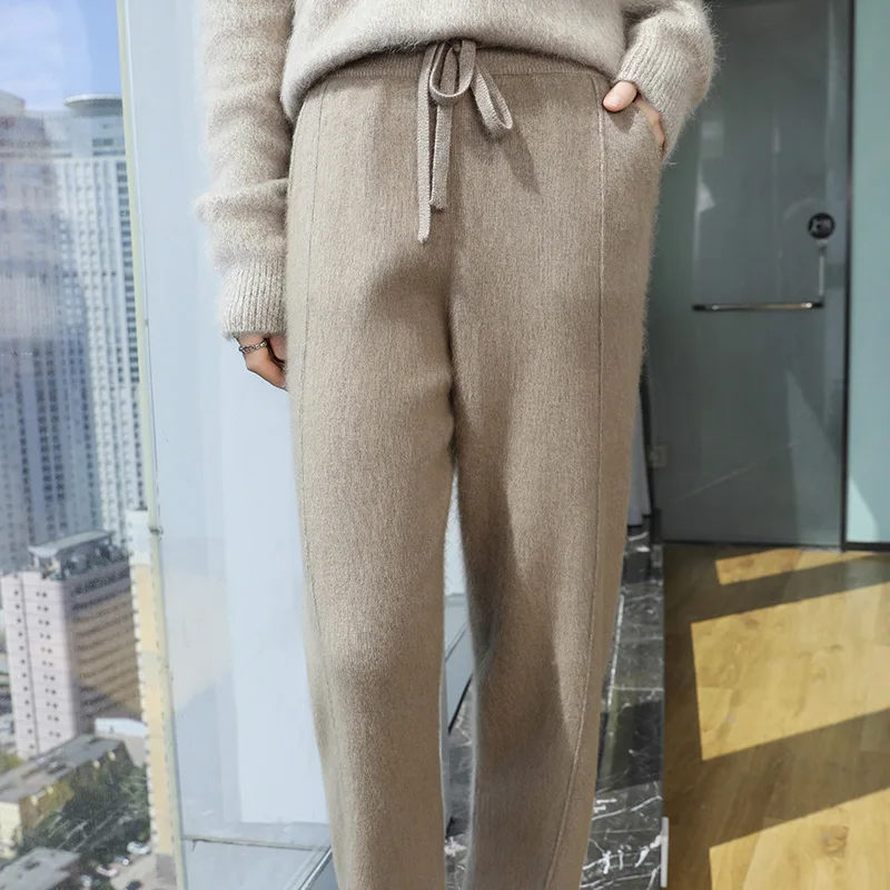 لينة مريحة الخريف والشتاء 100% المنك الكشمير السراويل عالية الخصر أسلوب بسيط تريكو مكتب سيدة مرونة الخصر بنطلون