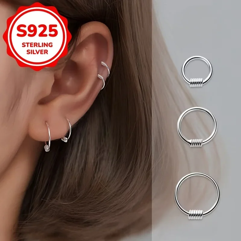 1 Pair S925 Sterling Silver Hoop Earrings Different Sizes Cartilage Helix Ear Piercing Jewelry for Women Men 6/8/10/12mm