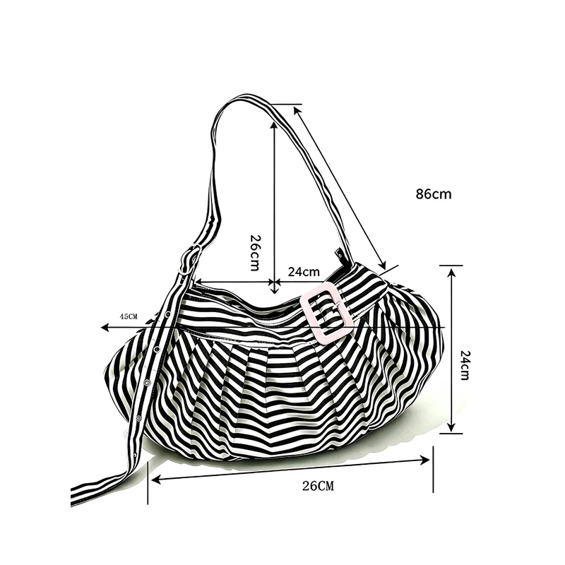 Gestreifte Plissierte Hobo-Canvas-Schultertasche, Vielseitige Damen-Handtasche für den Arbeitsweg, Tägliche Casual-Chic-Handtasche, Leichtgewicht – Detail 1