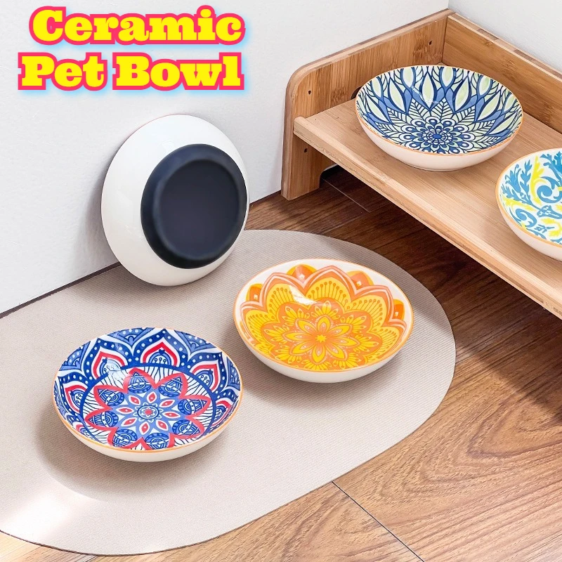 

Bohemian Style Ceramic Pet Bowl Round Creative Design Cat Dog Food Water Dish Feeding Bowl Small Animals Unique Pattern Decor