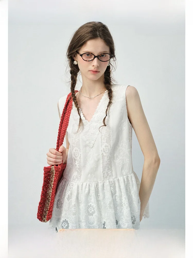 

VEGA CHANG Women's Lace Splice Svel V-Ne Gored Hem Sweet irt Commute Sle Regular Fit Thin Fabric Summer New