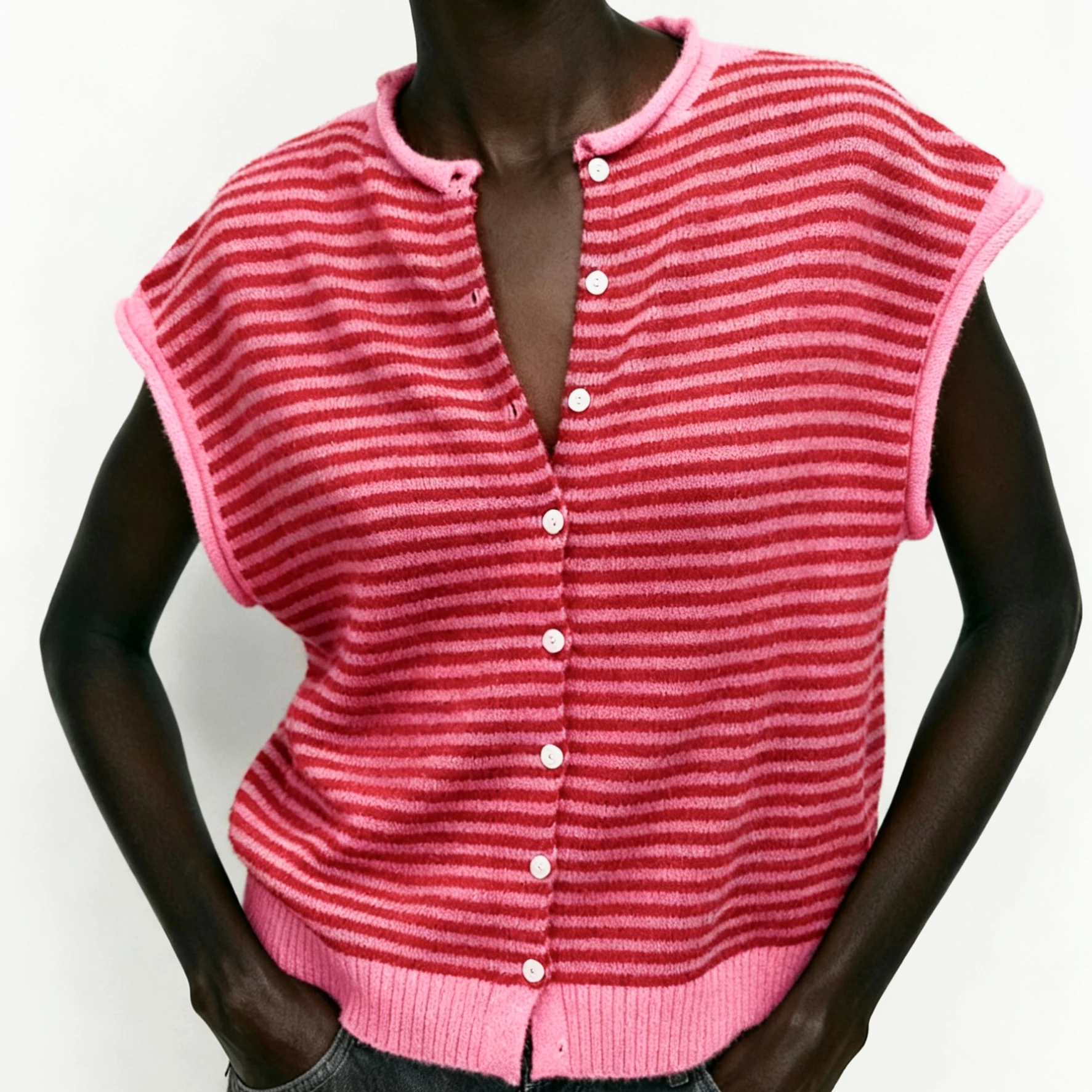 

Vintage Patchwork Sweater Vest Womens Knit Sweater Vest Sleeveless Round Neck Button Up Striped Tops for Casual Streetwear