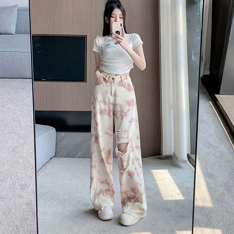 

Women's Vintage Tie Dye Wide Leg Jeans High Waist Ripped Denim Pants Y2k Streetwear Printed Trouser