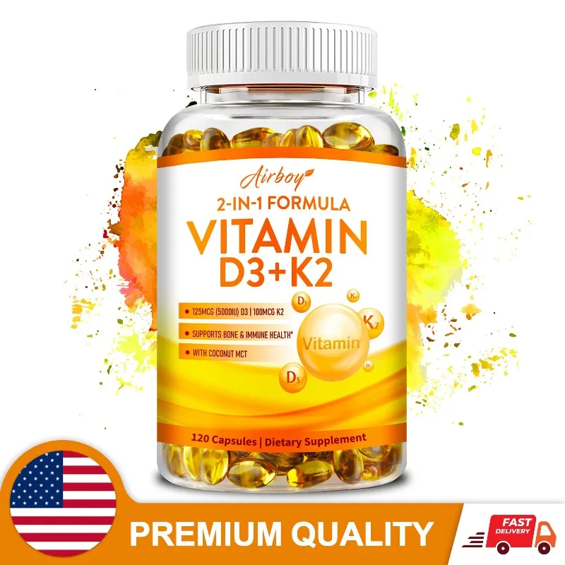 Vitamin D3 K2 with Coconut Oil - Metabolism, Supports Heart, Brain and Immune Health, Improves Joint Flexibility, Bone Density