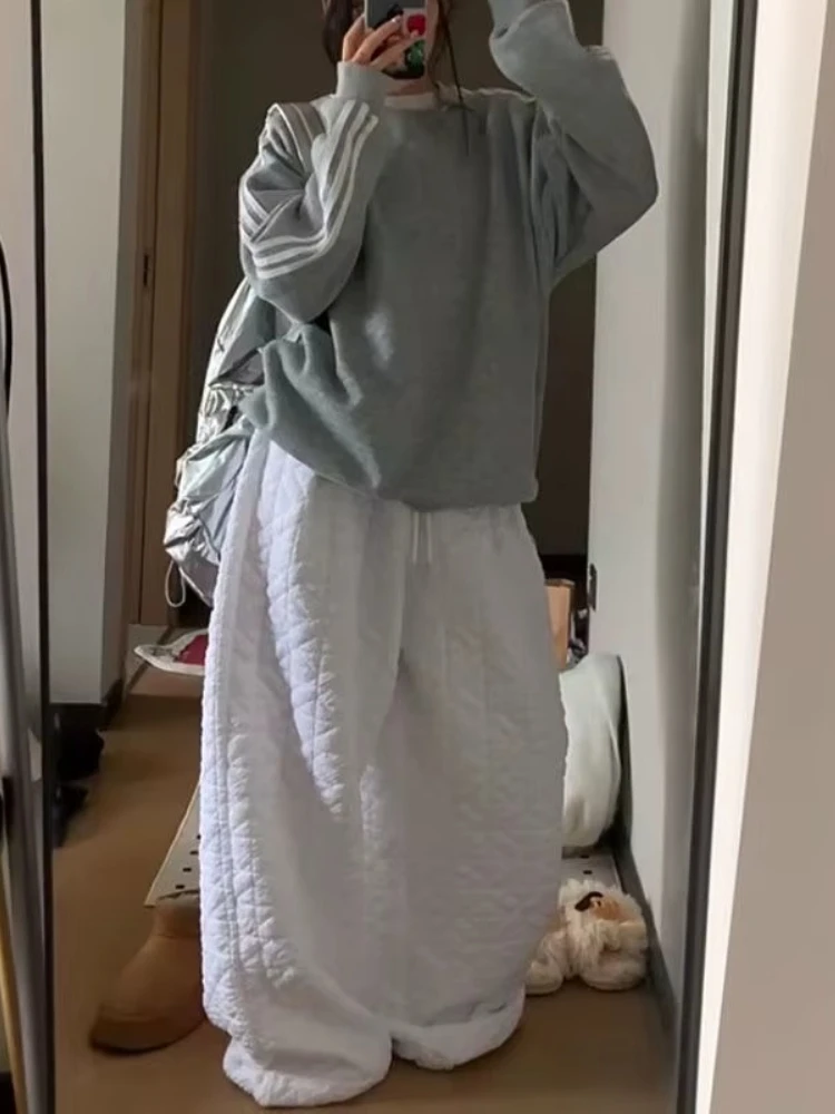 

HOUZHOU White Oversized Women Quilted Cotton Pants Wide Leg High Waist Trousers Baggy Solid Color Basic Casual Thickened Winter