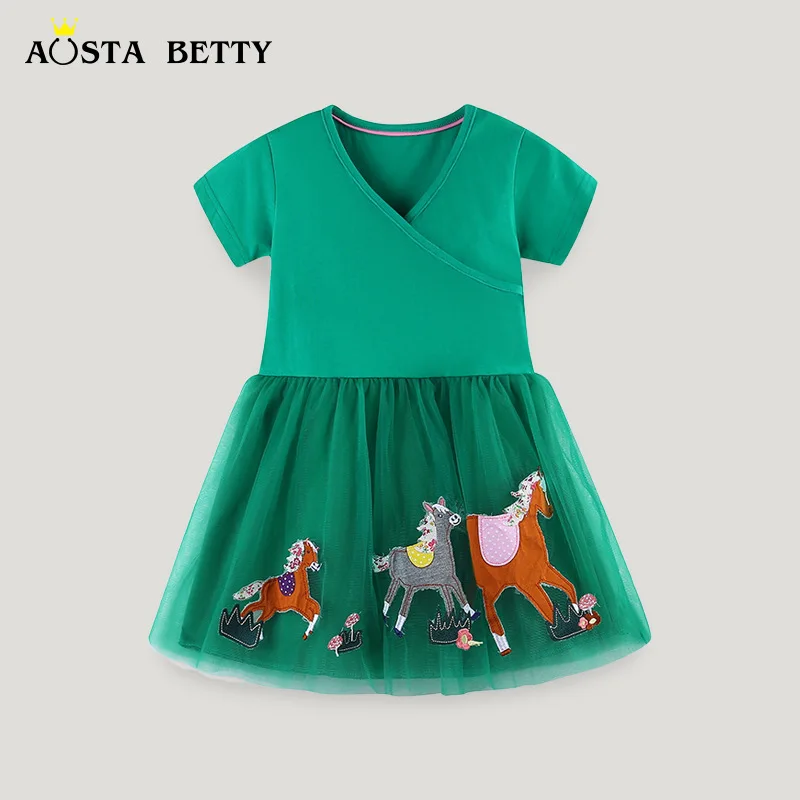 

2024 Girls Dress Summer New Animal Cartoon Embroidery Princess Dress Cute Children's Tulze Dress