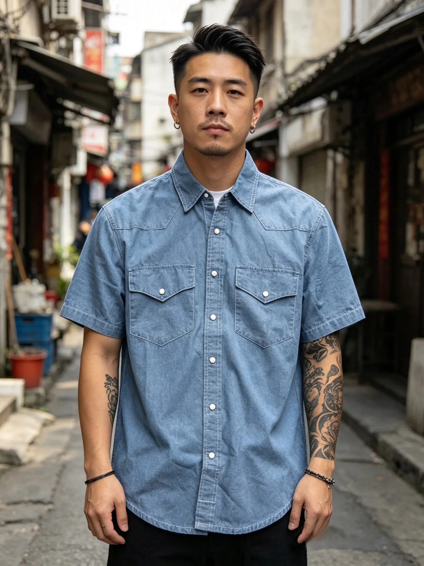 OKONKWO Oxford Cloth Short-Sleeve Shirt with Gem-Button American Western Style Short-Sleeve Shirt