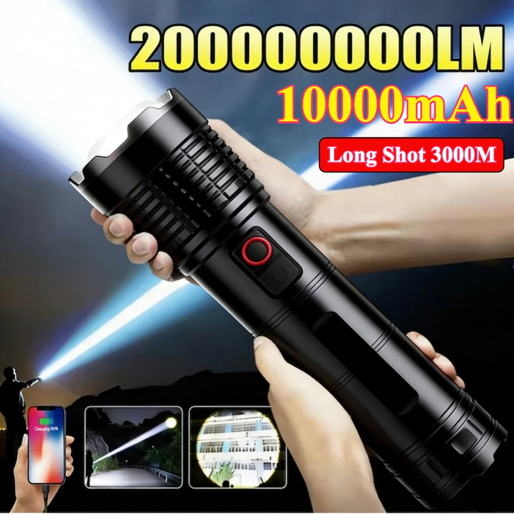 Powerful Led Flashlight Rechargeable Type-c Zoomable Waterproof Torch Long Range 3000m Tactical Handlamp for Camping Hunting