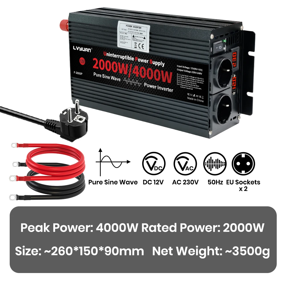 4KW UPS Omvormer Oplader Zuivere Sinus Omvormer DC12/24V Naar AC 220V/230V110V/120V, voor RV, Vrachtwagen, Zonne-energie, Buiten