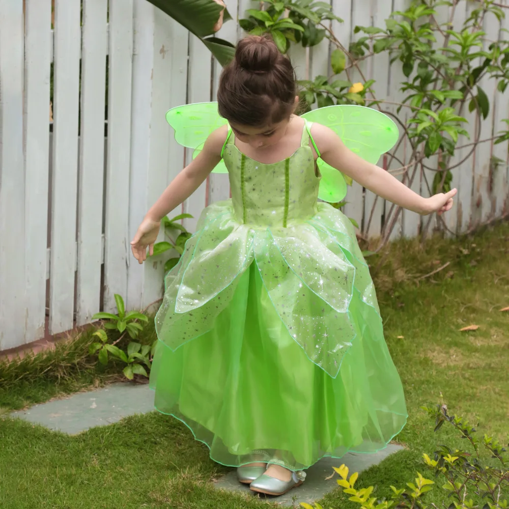 FairyTinker Bell Girls Princess Halloween Cosplay Baby Party Green Flower Fairy Children\'s Costume Butterfly Wings Set