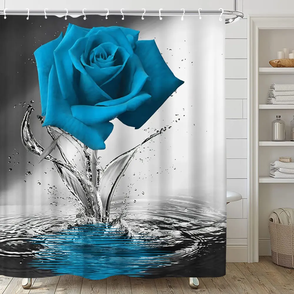 Rose Floral Shower Curtains Water Flowers Water Drops Multi-coloured Hanging Curtain Bathroom Decor Sets With Hooks Accessories