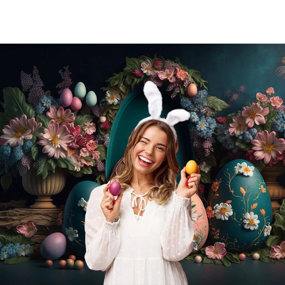 Bonvvie Easter Photography Background Green Grass Flower Egg Rabbit Children Portrait Photocall Backdrop for Photo Studio Props