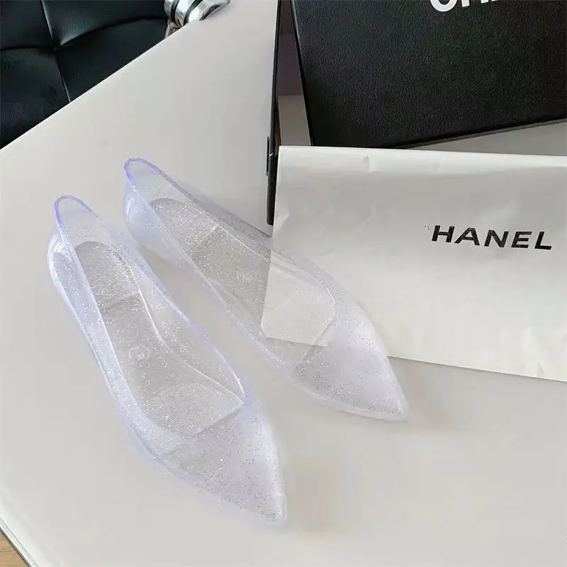 2023 New Women\'s Shallow Crystal Pointed Flat Sole Shoes Soft Bottom Non Slip Cover Foot Rain Shoes Flash Gold Casual Shoes