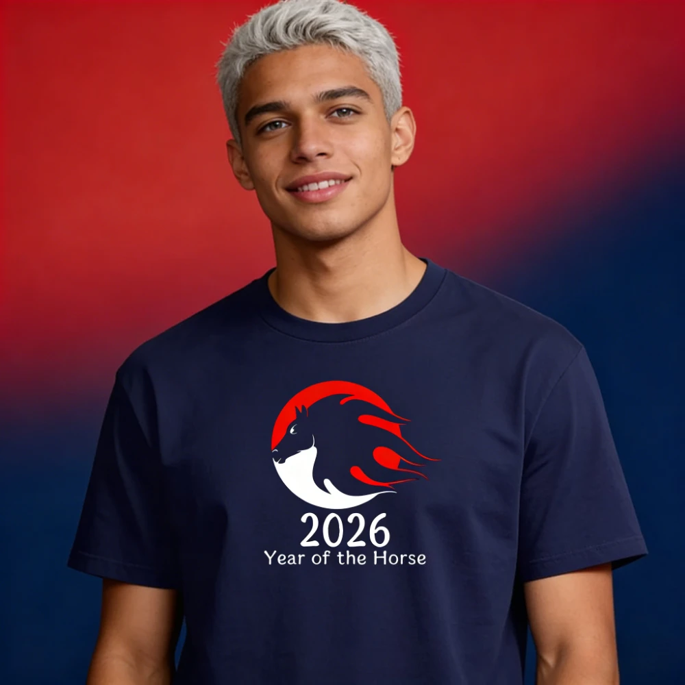 Jahr des Pferdes 2026 Mode-T-Shirt Feuerpferd Chinesisches Tierkreiszeichen Neujahr T-Shirt für Männer und Frauen Lässiges Alltags-Baumwoll-Kurzarmshirt