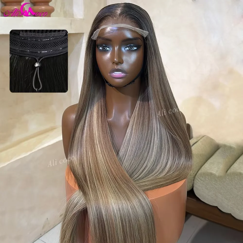 Ash Blonde Mixed Highlights #4 200 Density Drawstring Glueless Wigs Invisible HD Lace Front Closure Human Hair 14A Remy Straight