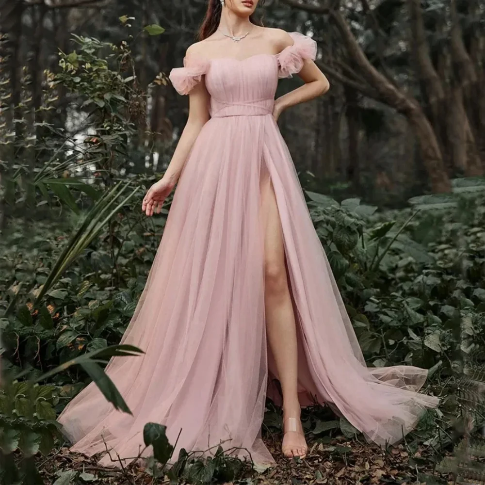 

Elegant Pink Evening Dresses Formal Party Prom Gowns Off Shoulder Floor-Length Sweep Train Evening Prom Dresses Customized