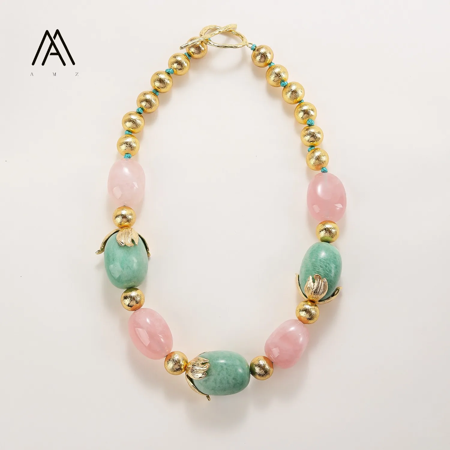 AMZ-ZJ3 Bohemian Colored Natural Amazonite Stone Beaded Necklace for Women Vintage Adjustable 21 Inches Necklace Jewelry