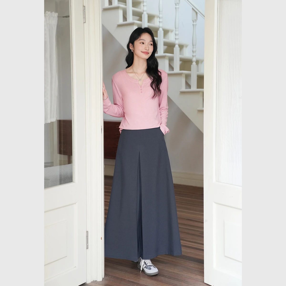 VIMLY ريترو بسيط تي شيرت للمرأة 2025 الخريف جديد الخامس الرقبة الصلبة تيز تنوعا الأساسية البلوز القمم الملابس النسائية A0633 #5