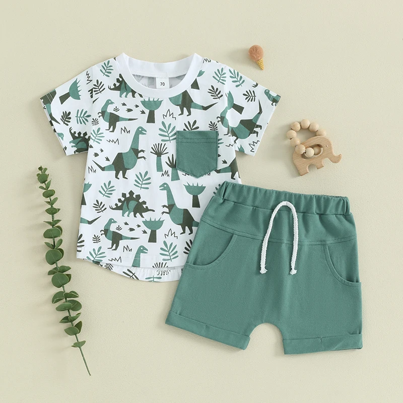 

0-3Y Toddler Boys Summer Outfits Dinosaur Print Short Sleeve T-Shirts Tops Elastic Waist Shorts 2Pcs Boys Clothes Set